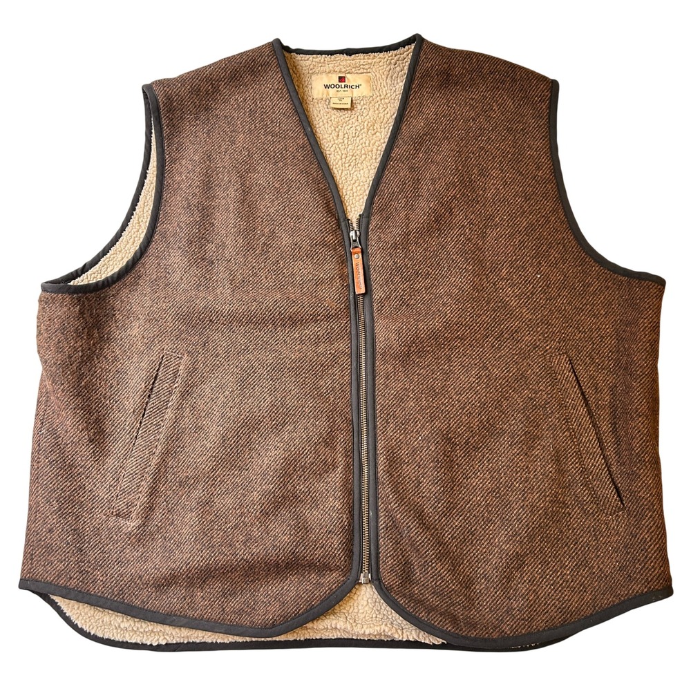 Woolrich Vest XL Brown Buckskin Wool Blend Sherpa Lined Herringbone Zip